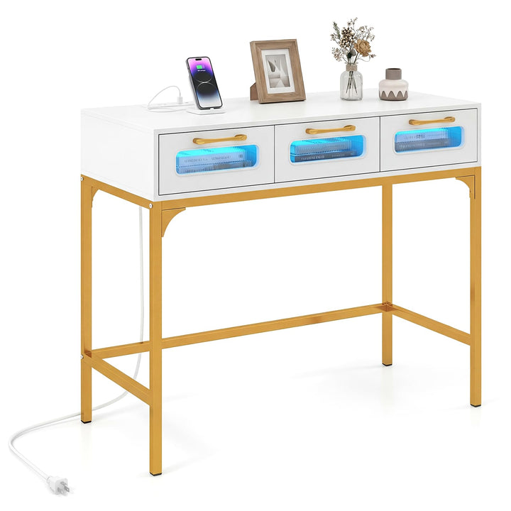 Giantex 35.5" Gold Console Table with Charging Station &amp; 3 Drawers