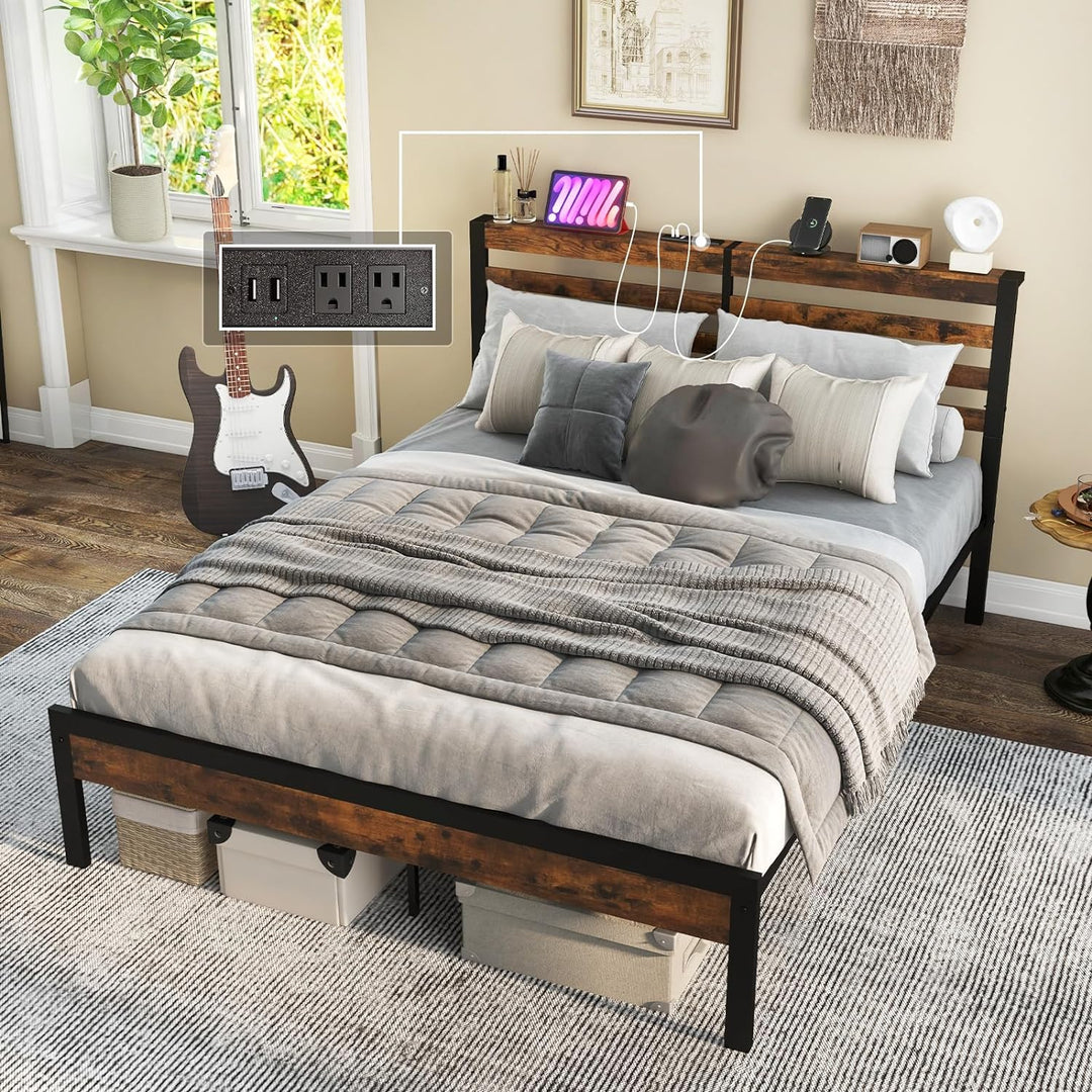 Giantex Queen Metal Platform Bed Frame with Wooden Headboard & Footboard, Rustic Brown