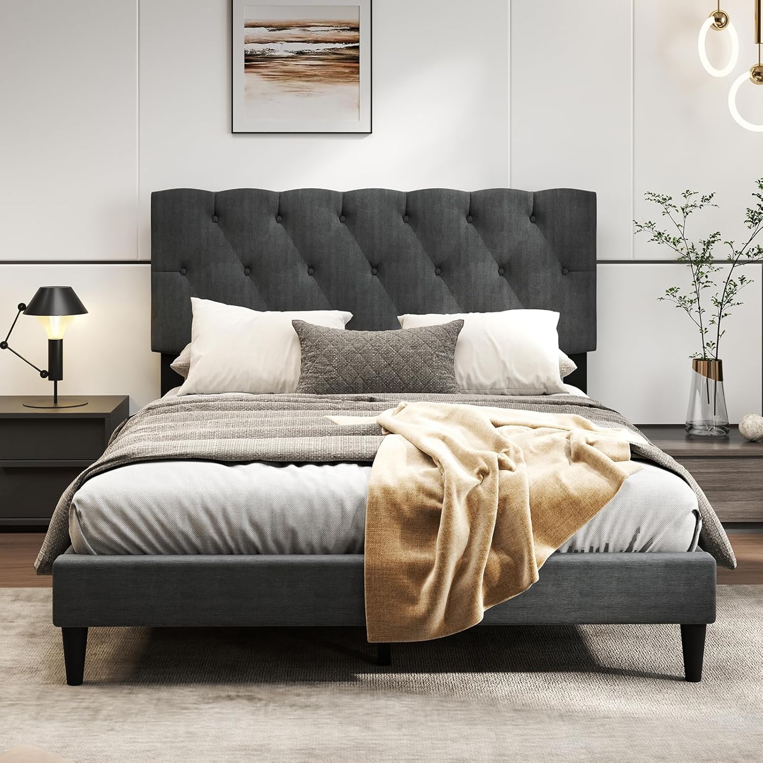 Modern Upholstered Platform Bed Frame with Diamond Tufting Headboard