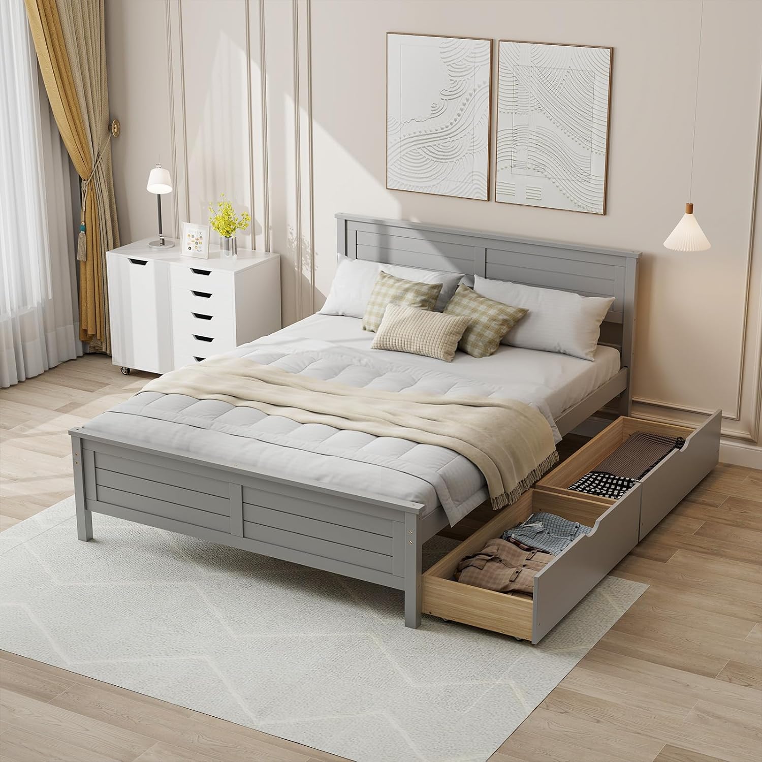 Giantex Wood Full Size Bed Frame with 2 Storage Drawers, Solid Wood Platform Bed with Headboard