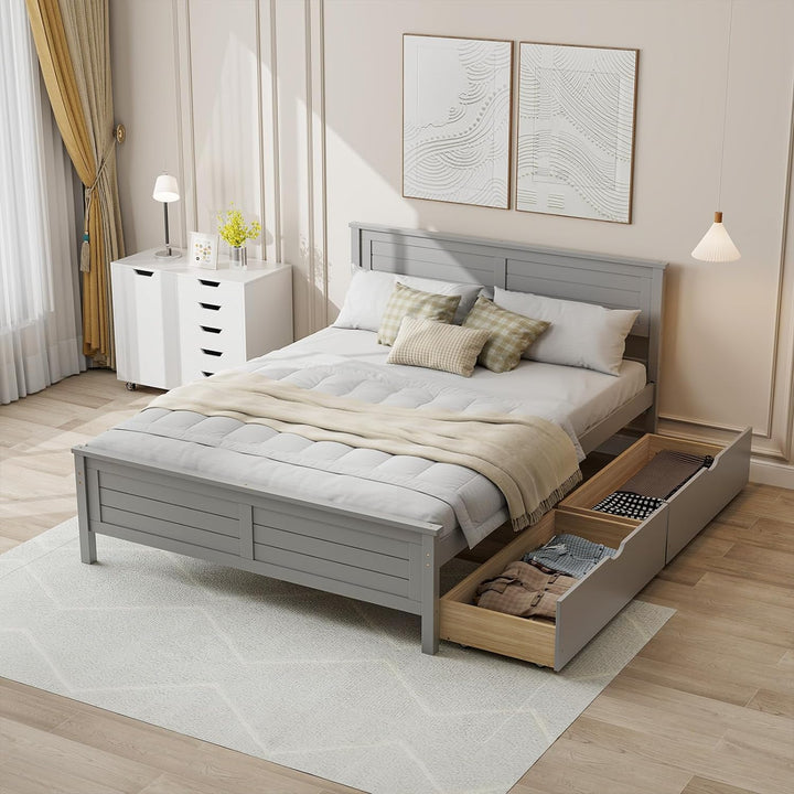 Giantex Wood Full Size Bed Frame with 2 Storage Drawers, Solid Wood Platform Bed with Headboard