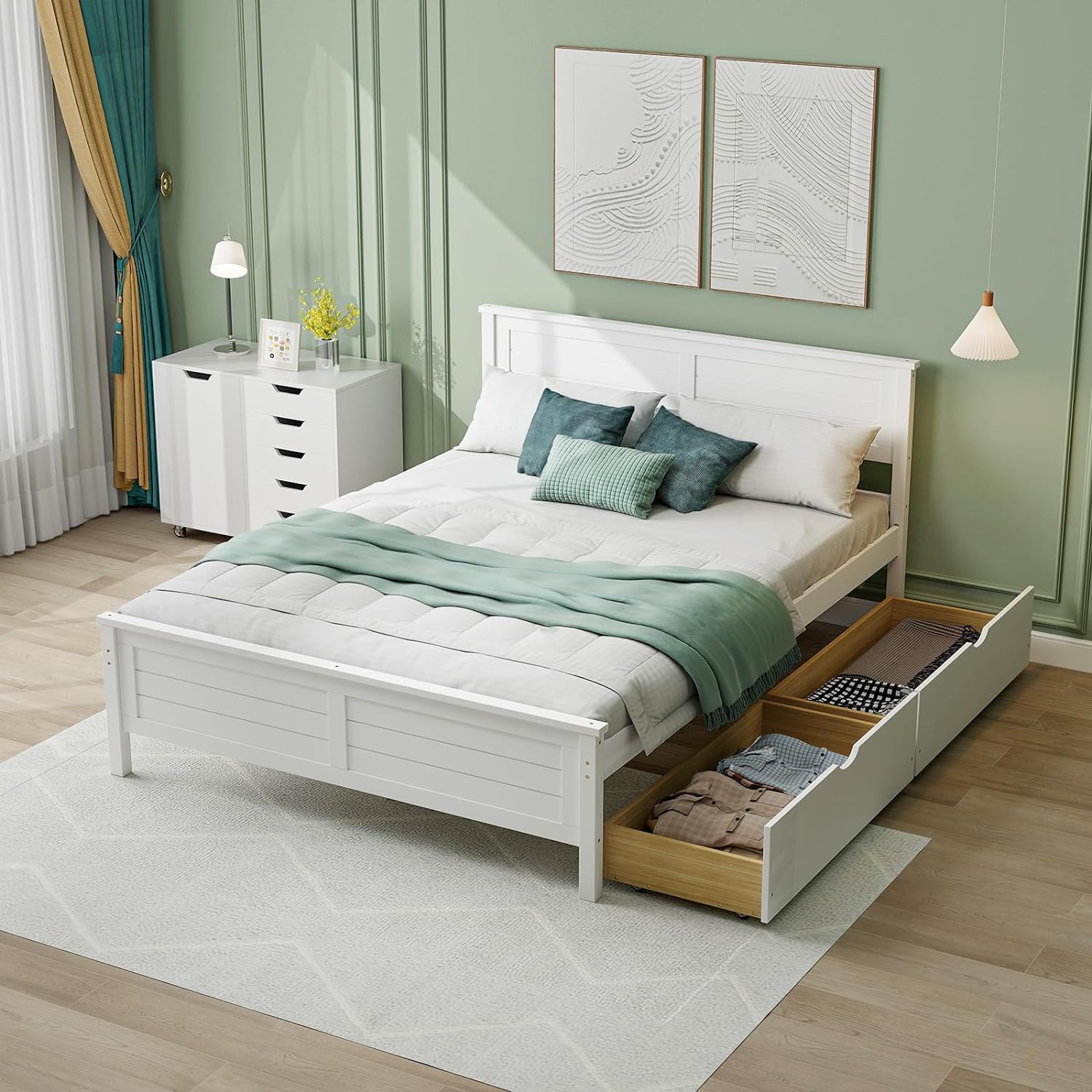 Giantex Wood Full Size Bed Frame with 2 Storage Drawers, Solid Wood Platform Bed with Headboard