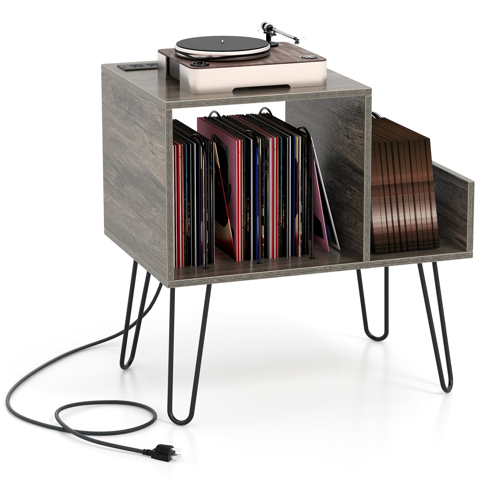 Giantex Record Player Stand with Charging Station, Turntable Stand with Vinyl Divider & Display Shelf