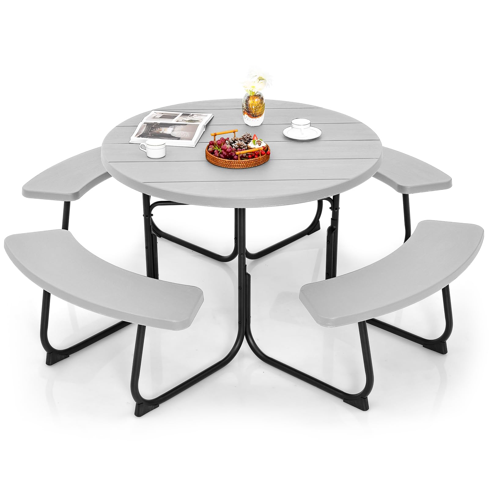Giantex Picnic Table Set for Up to 8 Persons, Round Outdoor Table and Bench Set with Umbrella Hole