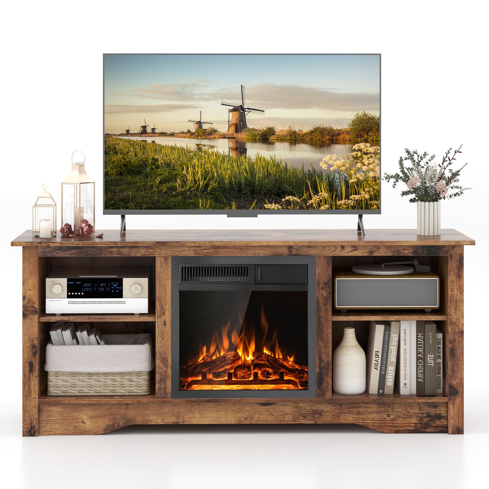 Giantex Fireplace TV Stand for TVs Up to 65”, Entertainment Center with Adjustable Shelves