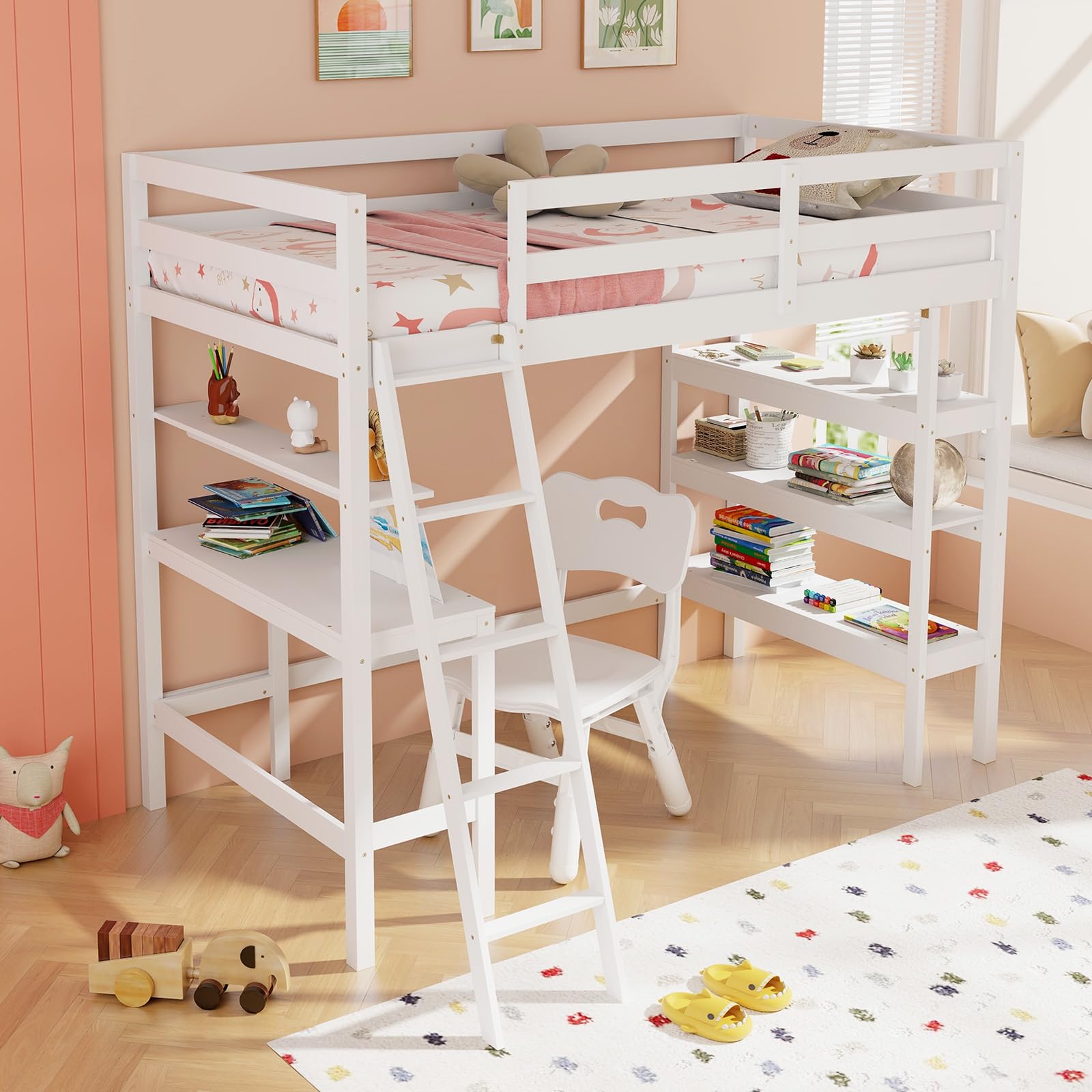 Giantex Loft Bed with Desk & Bookshelves