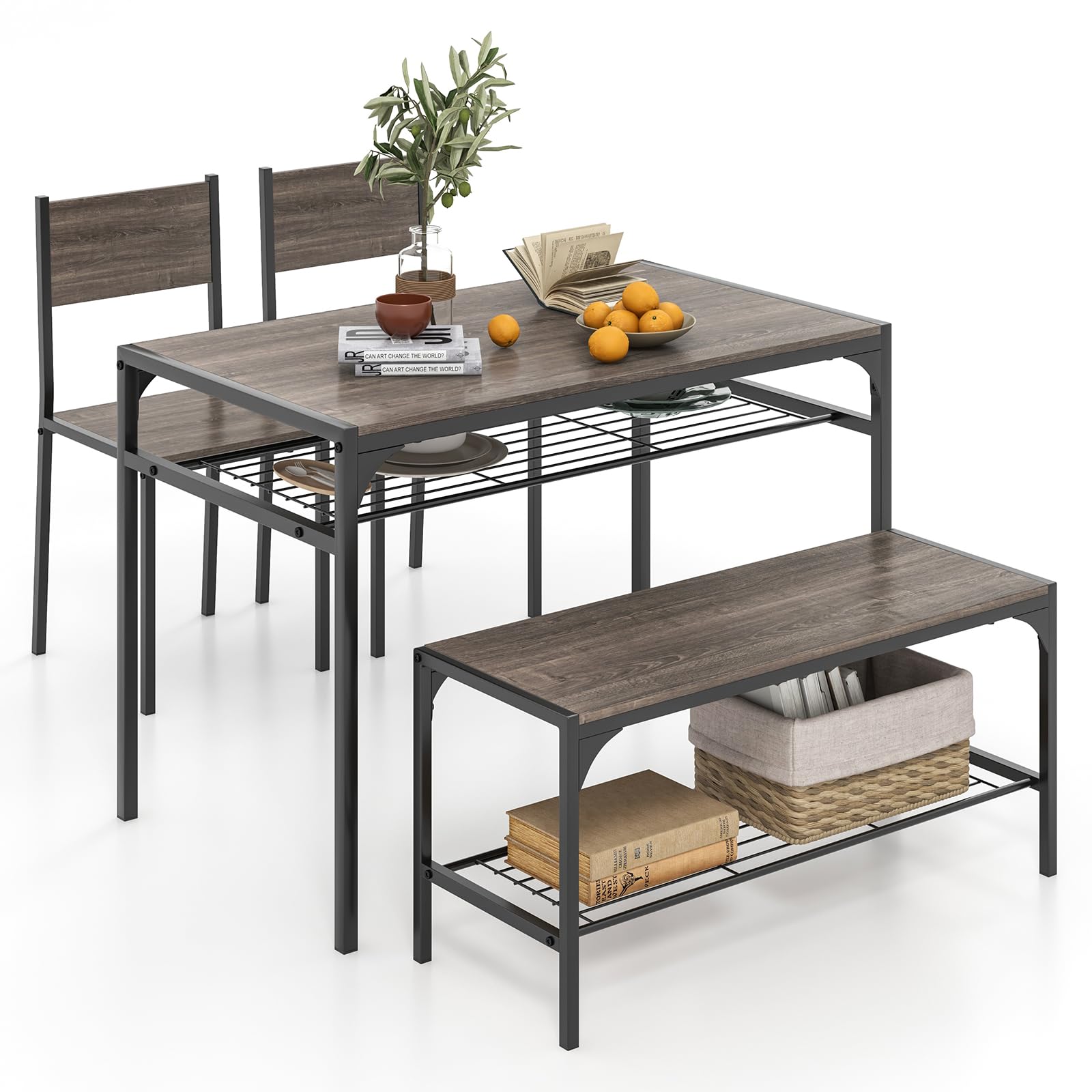 Giantex Dining Table Set for 4, Kitchen Table with Chairs & Bench, Storage Racks