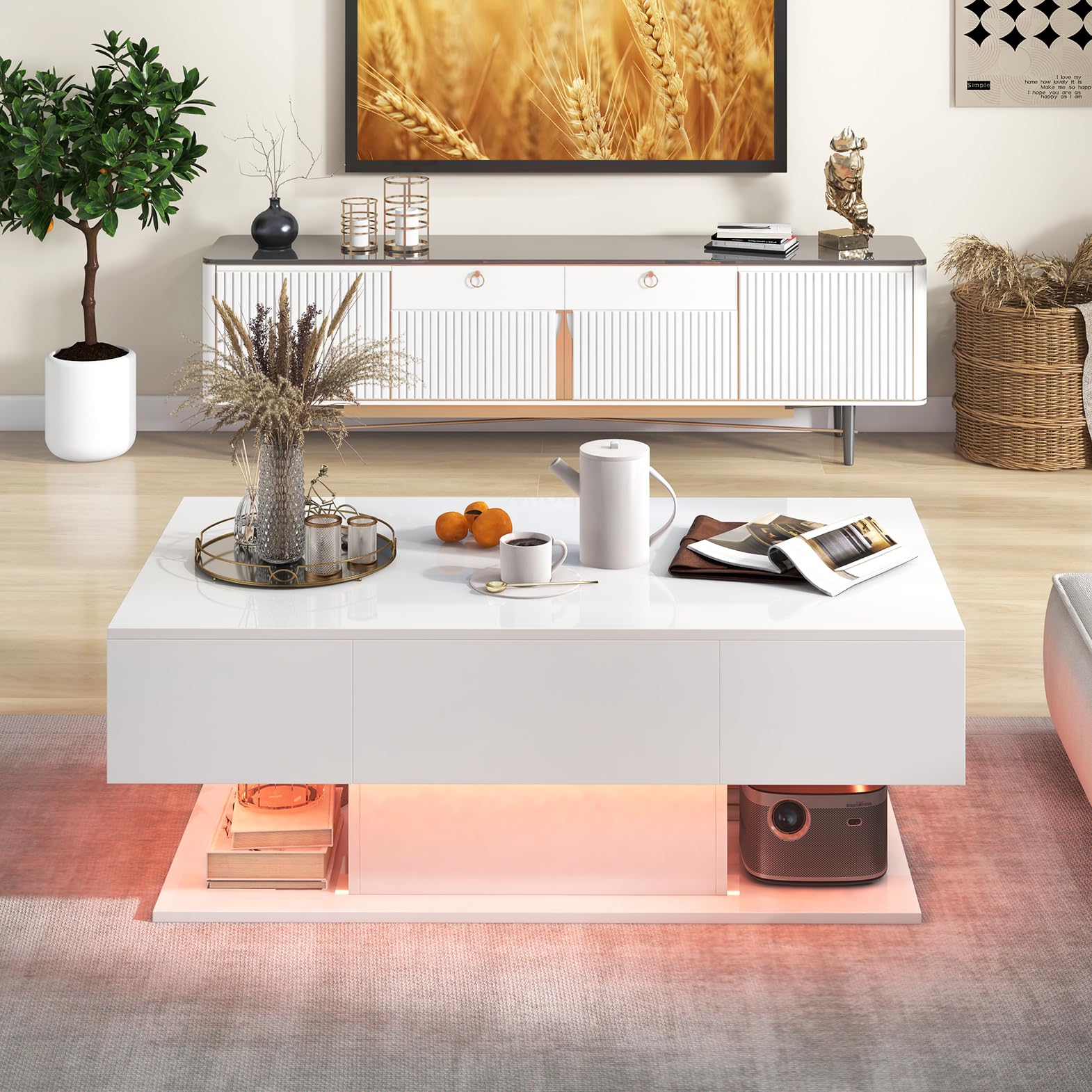 Giantex Modern LED Coffee Table - 2-Tier Center Table