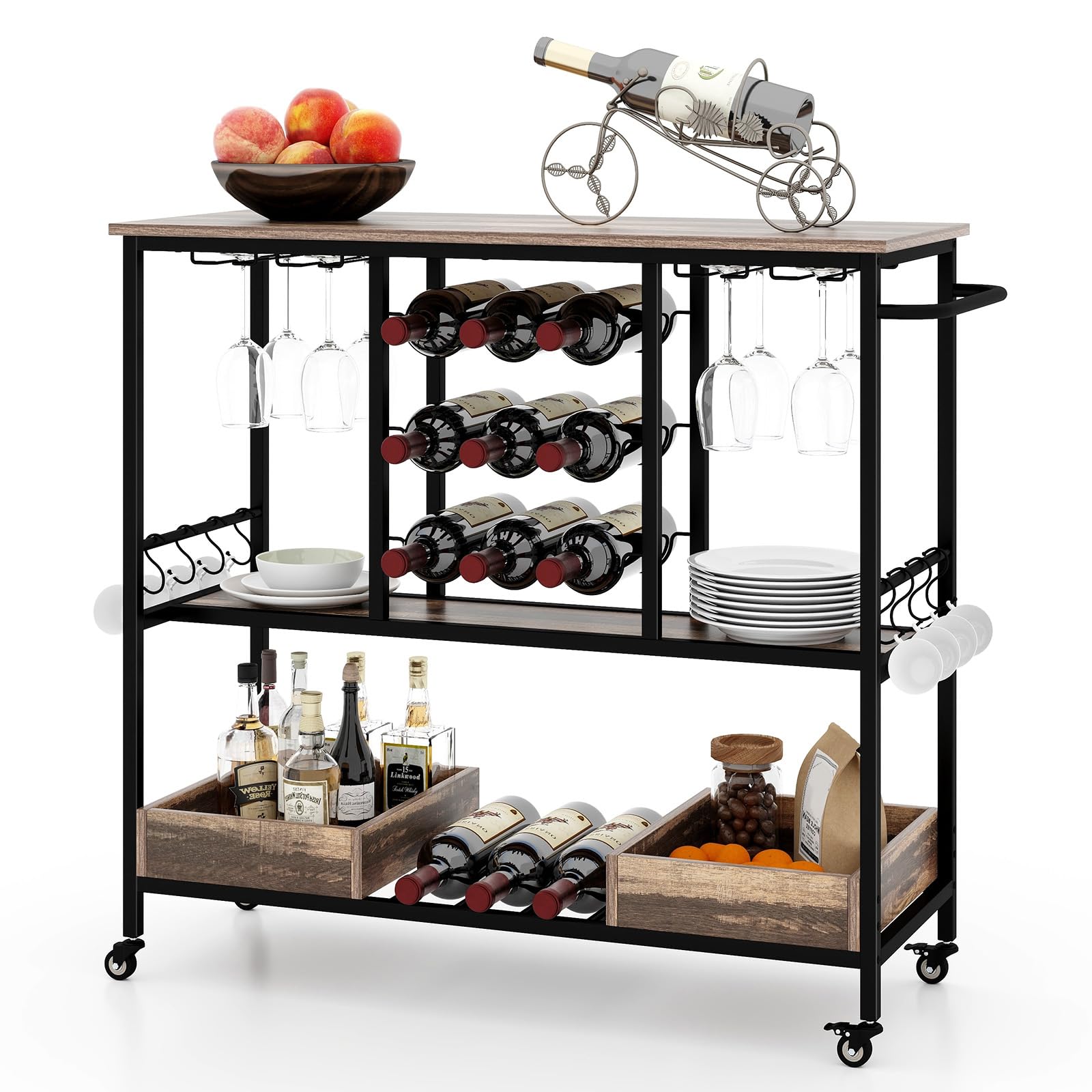 Giantex Bar Cart, 3 Tier Home Serving Cart on Wheels with Handle