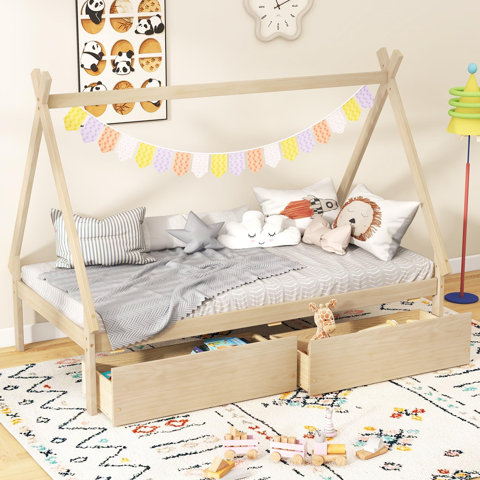 Giantex Twin Bed Frame with 2 Storage Drawers, Wood House Tent Platform Bed Frame with Triangle Structure