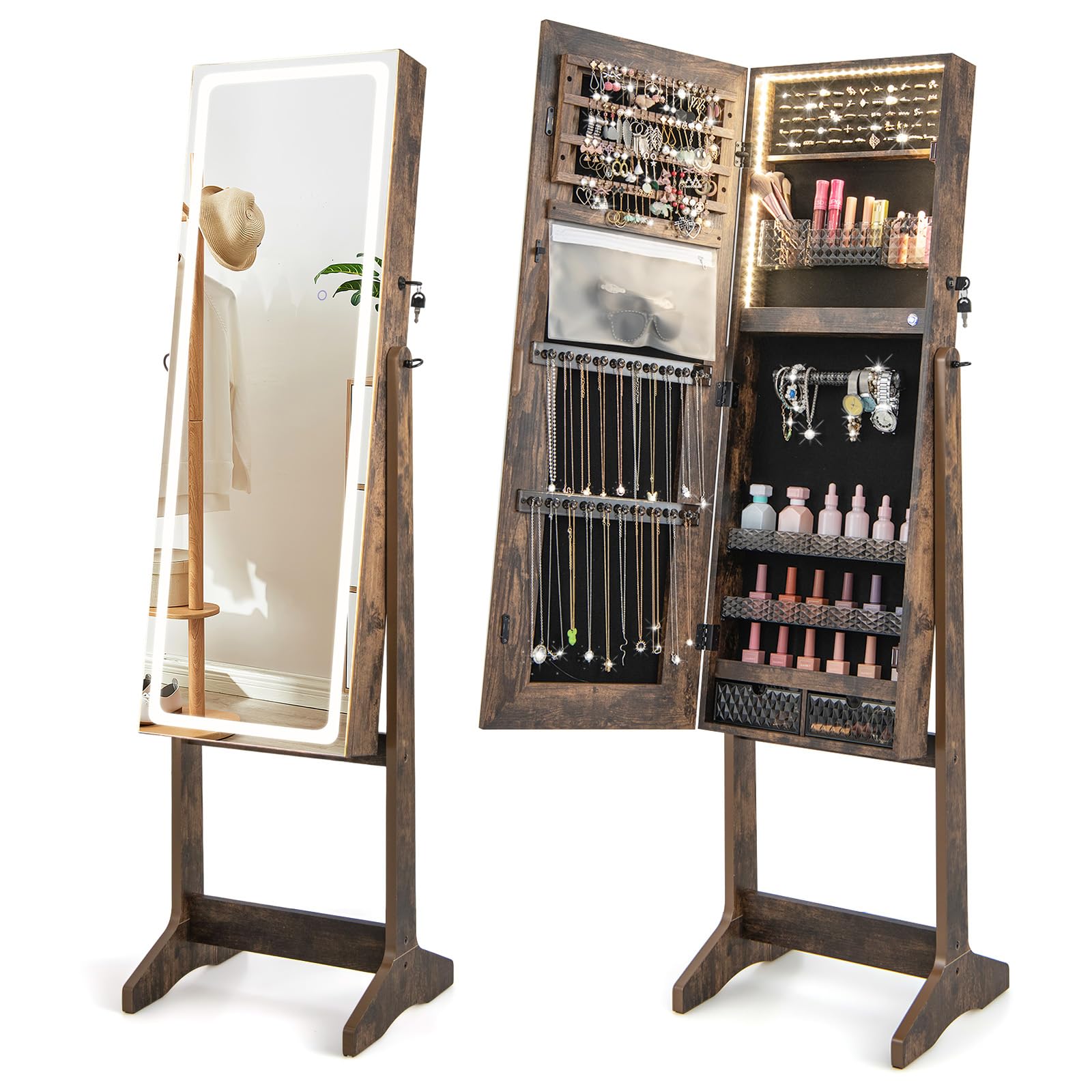 CHARMAID LED Mirror Jewelry Cabinet - Lockable Jewelry Armoire