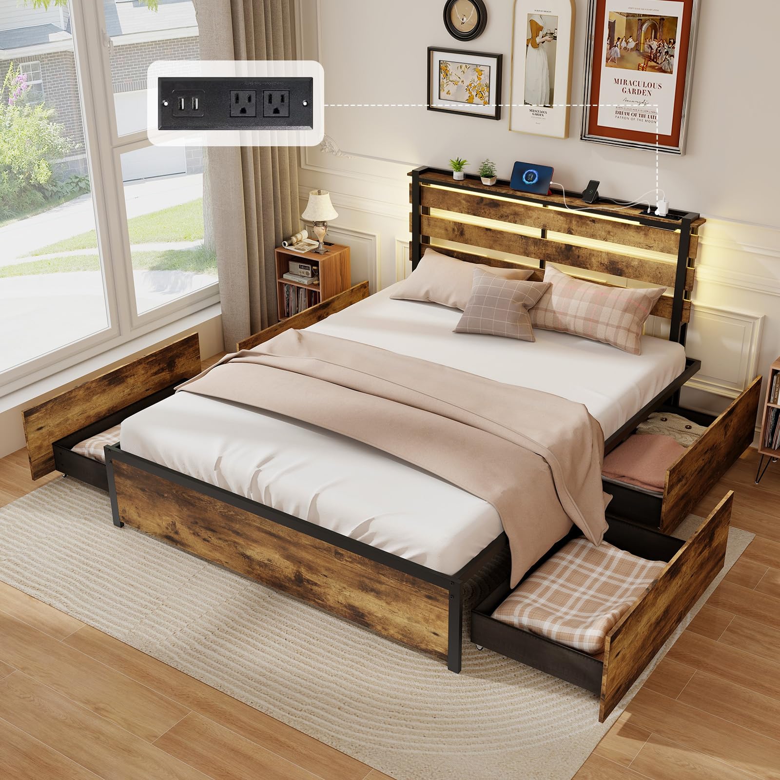 Giantex Bed Frame with LED Lights Headboard and 4 Storage Drawers