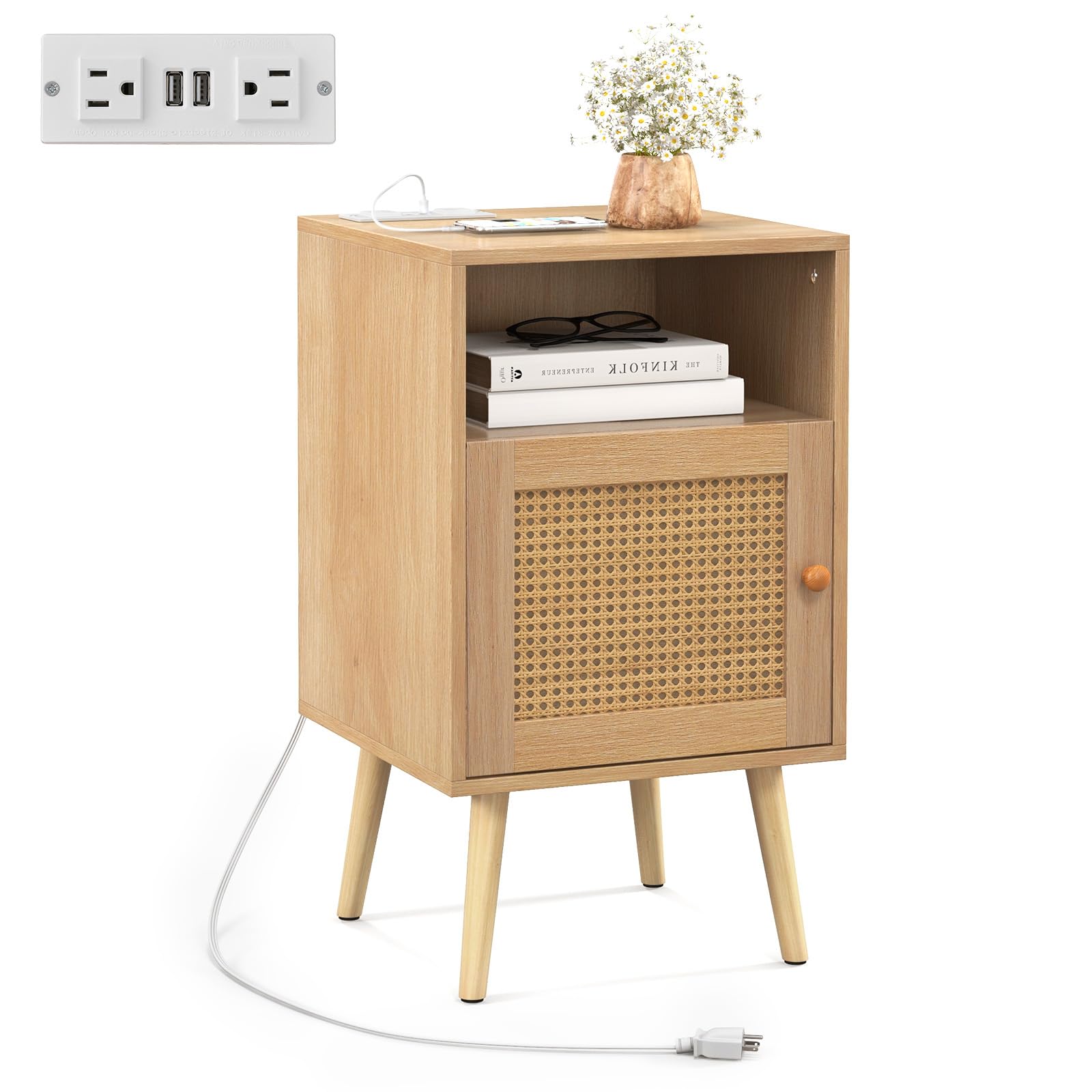 Ginatex Rattan Nightstand with Charging Station