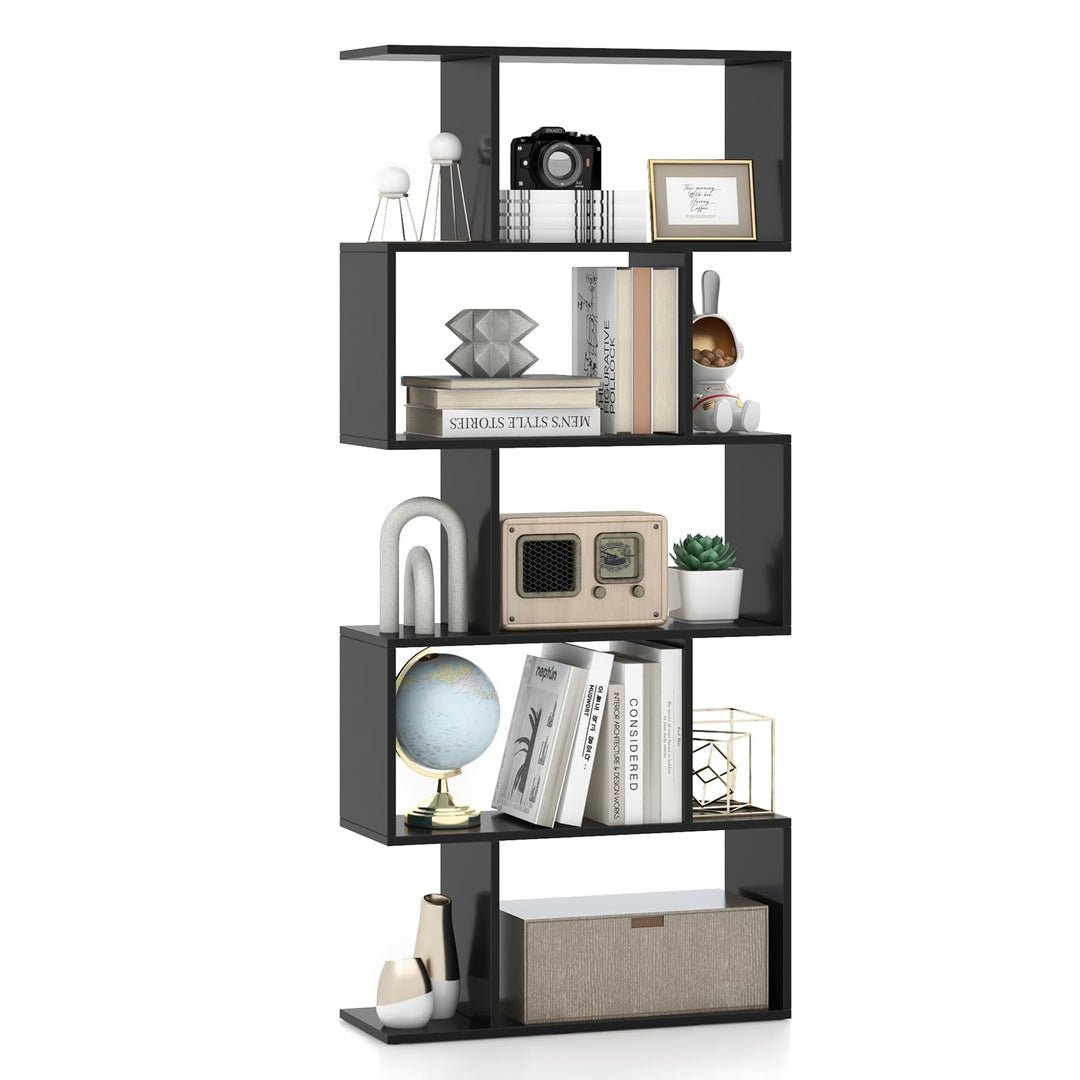 Giantex 5-Tier Geometric Bookshelf, 62.5" Tall Wood S-Shaped Bookcase with Anti-Tipping Device