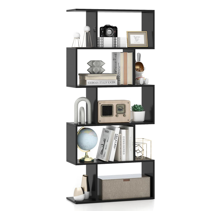 Giantex 5-Tier Geometric Bookshelf, 62.5" Tall Wood S-Shaped Bookcase with Anti-Tipping Device