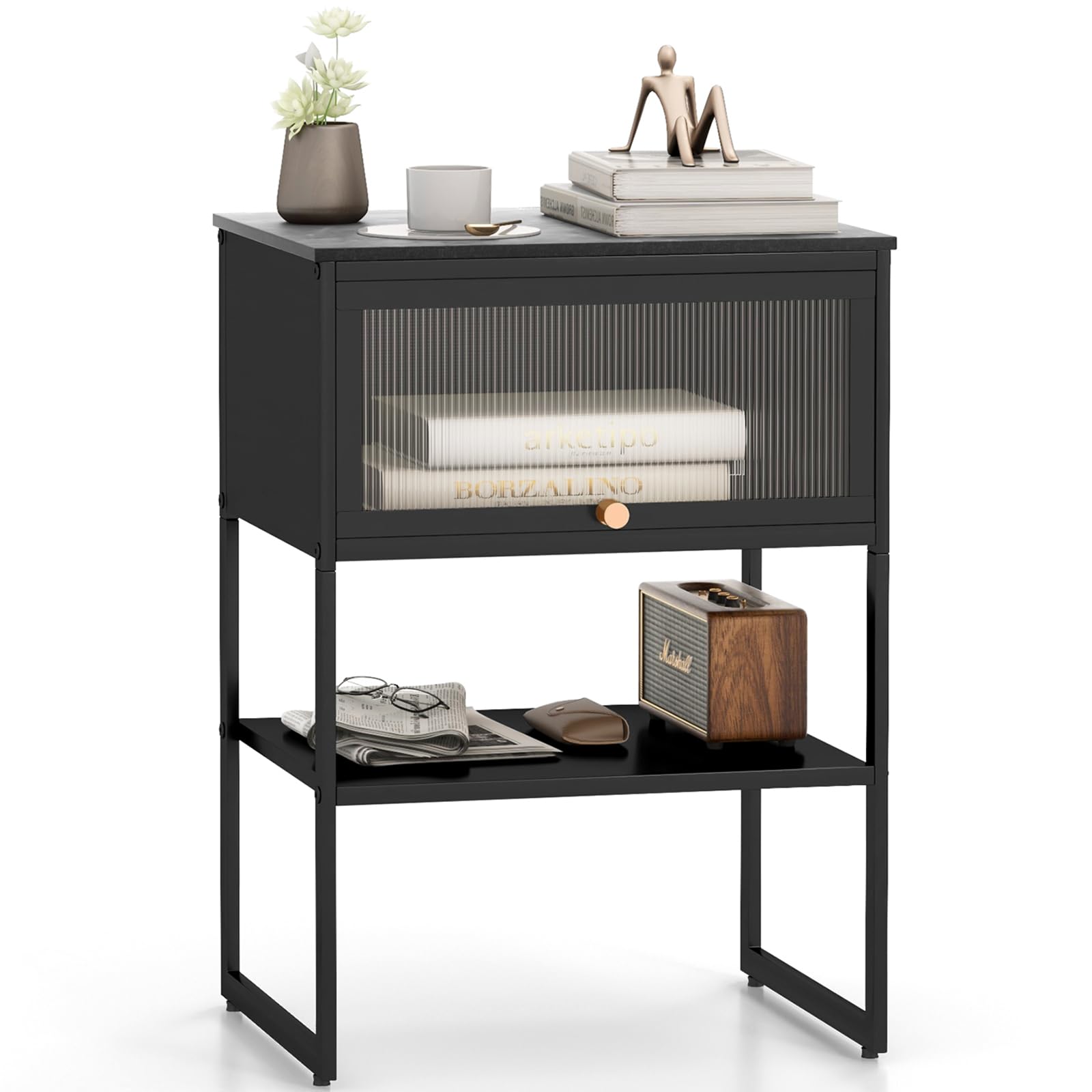 Giantex Black Nightstand, Modern End Table with Flip up Door