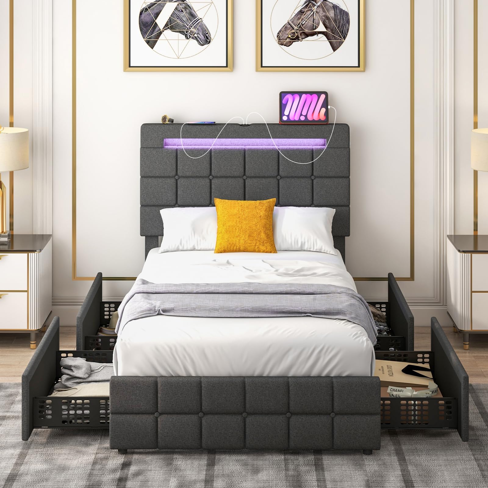 Giantex Bed Frame with LED Lights and 4 Drawers