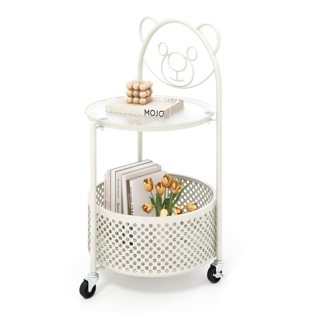 Giantex Mobile Glass Coffee Table, 2-Tier Round End Table with Bear Pattern, Storage Basket, Metal Frame