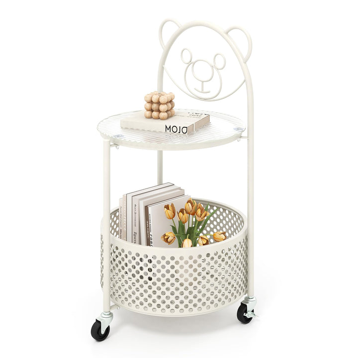 Giantex Mobile Glass Coffee Table, 2-Tier Round End Table with Bear Pattern, Storage Basket, Metal Frame