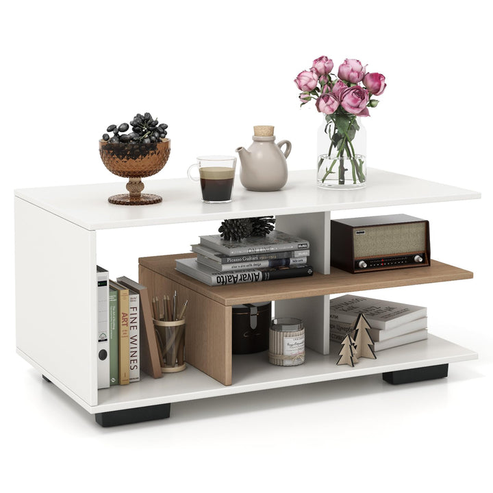 Giantex Coffee Table with Storage, Modern Rectangular Accent Table with L-shaped Middle Shelf