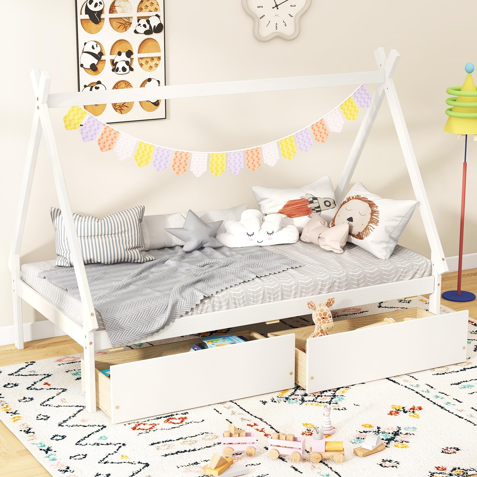 Giantex Twin Bed Frame with 2 Storage Drawers, Wood House Tent Platform Bed Frame with Triangle Structure