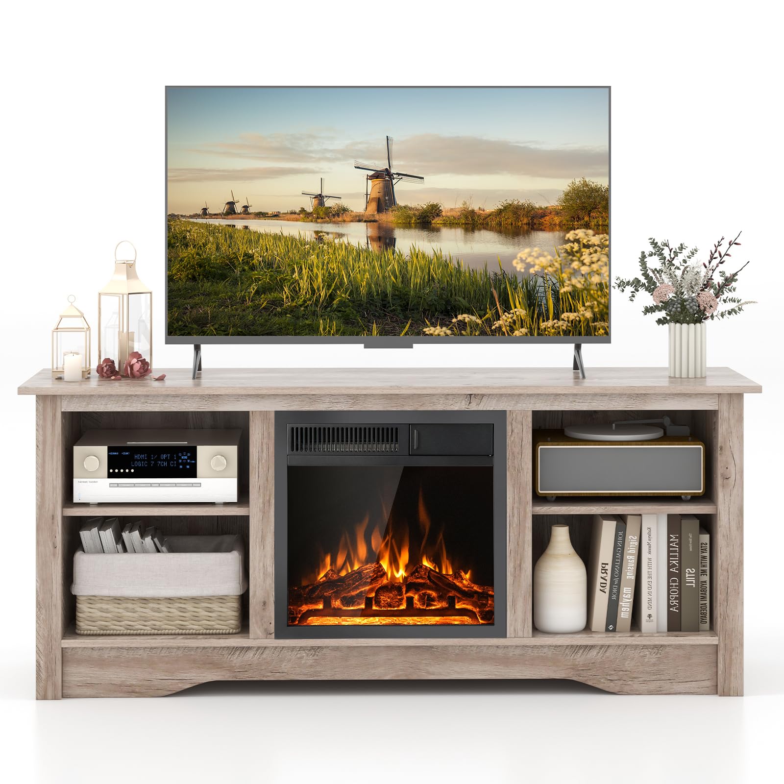 Giantex Fireplace TV Stand for TVs Up to 65”, Entertainment Center with Adjustable Shelves