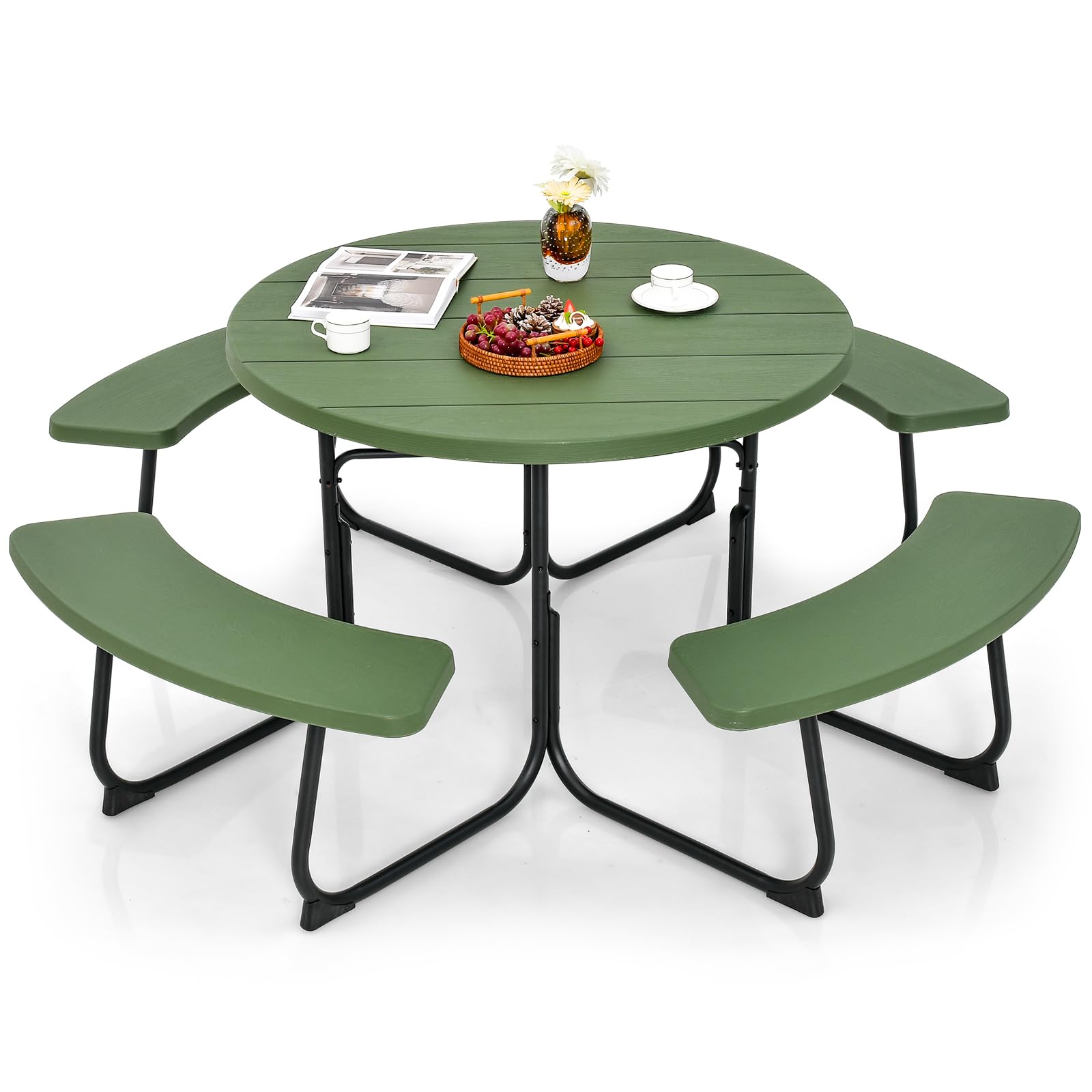 Giantex Picnic Table Set for Up to 8 Persons, Round Outdoor Table and Bench Set with Umbrella Hole