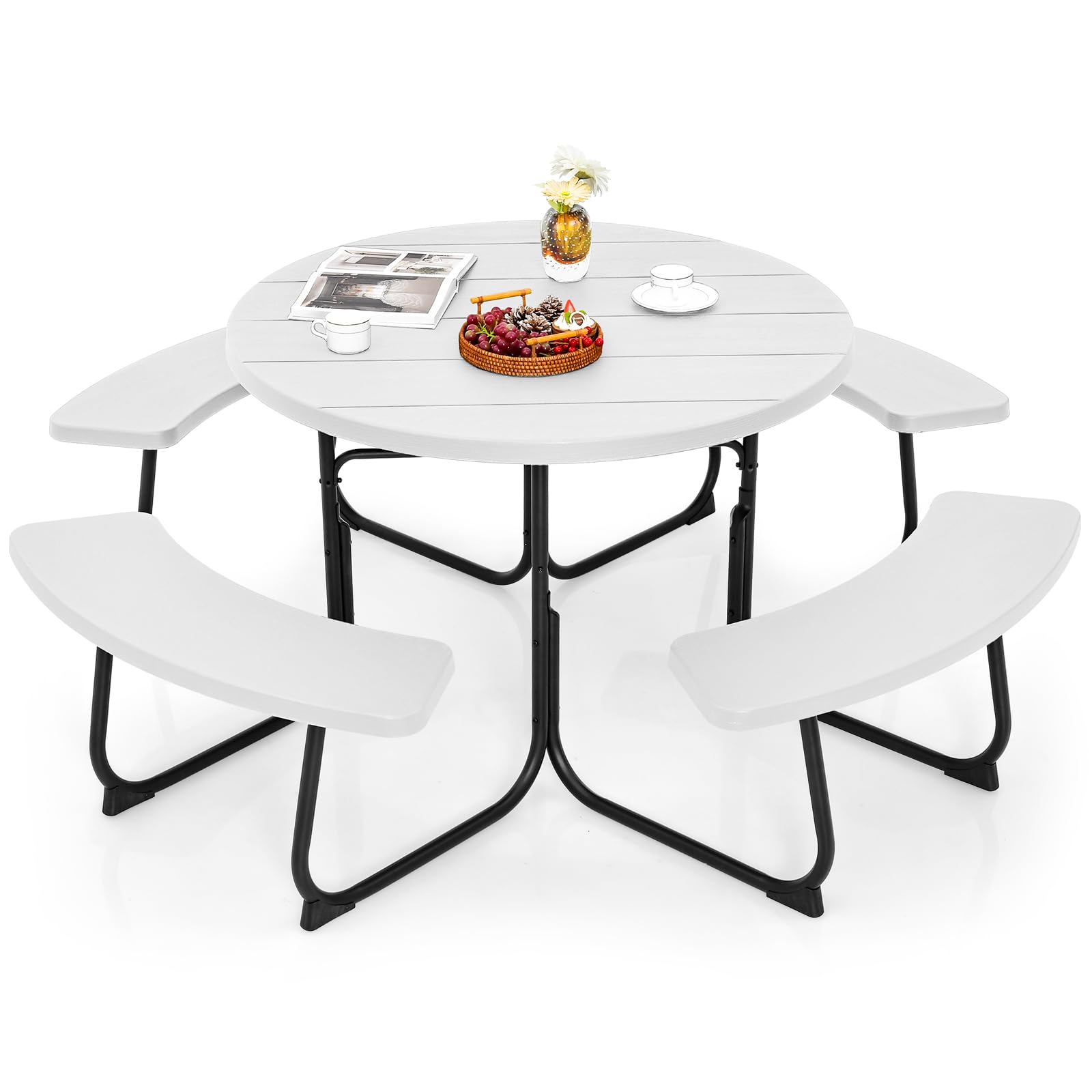 Giantex Picnic Table Set for Up to 8 Persons, Round Outdoor Table and Bench Set with Umbrella Hole
