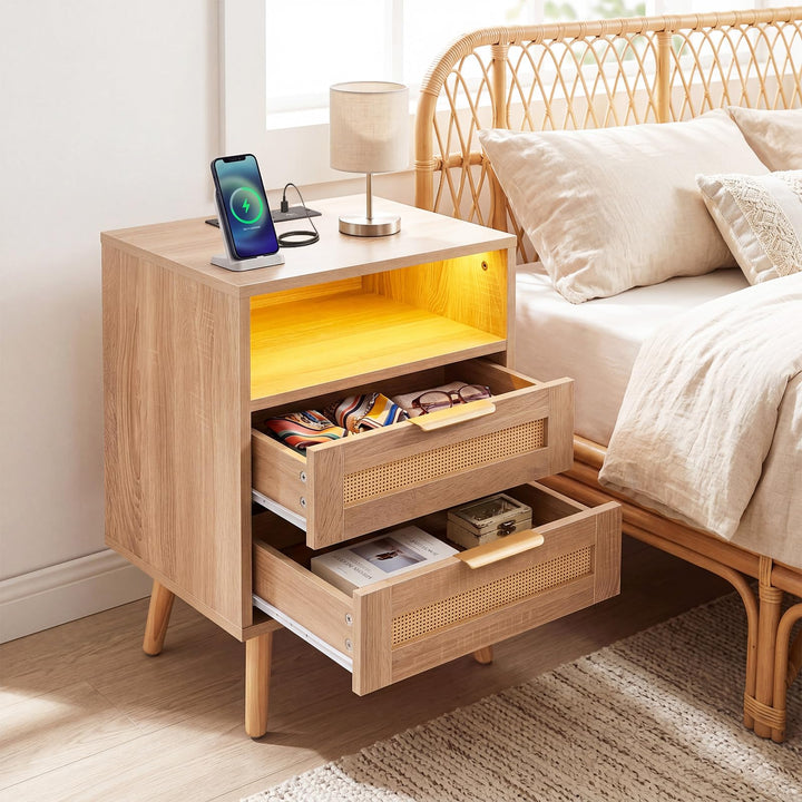 GIANTEX Rattan Nightstand with 2 Drawers &amp; Open Shelf (1/2)