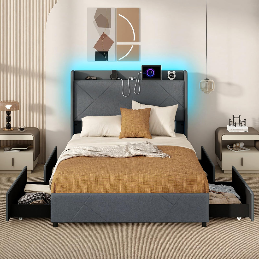 Giantex Full/Queen Size Bed Frame with 4 Storage Drawers & LED Lights, Headboard & Charging Station, Wooden Slats, Easy Assembly, Grey