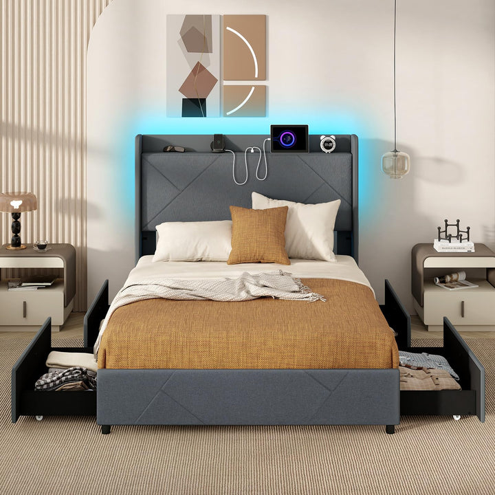 Giantex Full/Queen Size Bed Frame with 4 Storage Drawers & LED Lights, Headboard & Charging Station, Wooden Slats, Easy Assembly, Grey