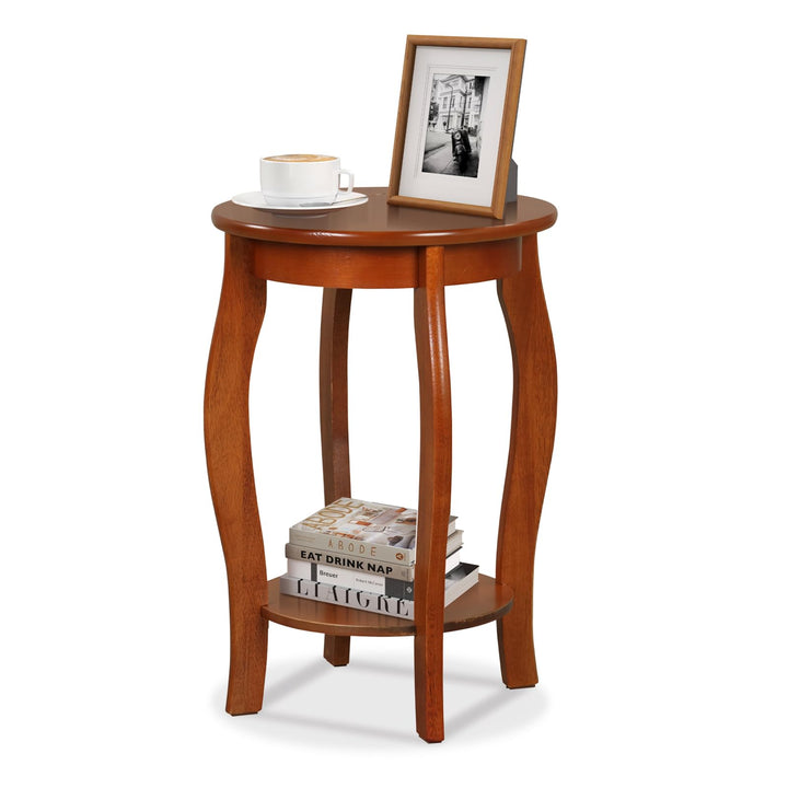 Giantex 2-Tier Round End Table, Narrow Tiered Telephone Table with Storage Shelf, Solid Wood Legs