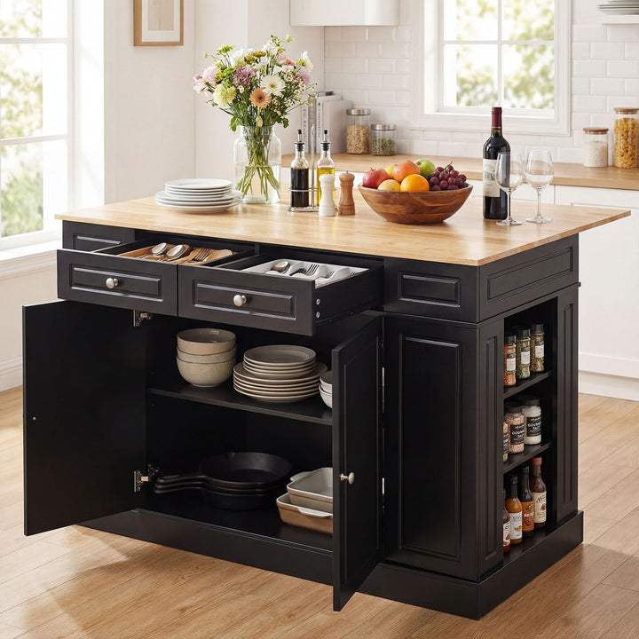 Giantex Kitchen Island with Drop Leaf, Rubber Wood Top, 2 Drawers, Storage Cabinets