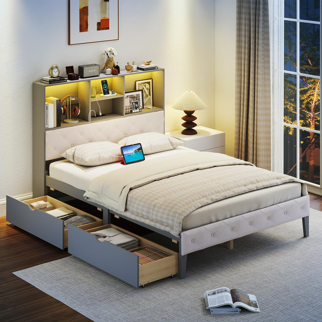 Giantex Gray Full Size Bed Frame with Upholstered Bookcase Headboard