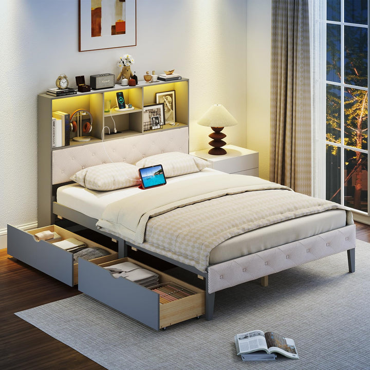 Giantex Gray Full Size Bed Frame with Upholstered Bookcase Headboard