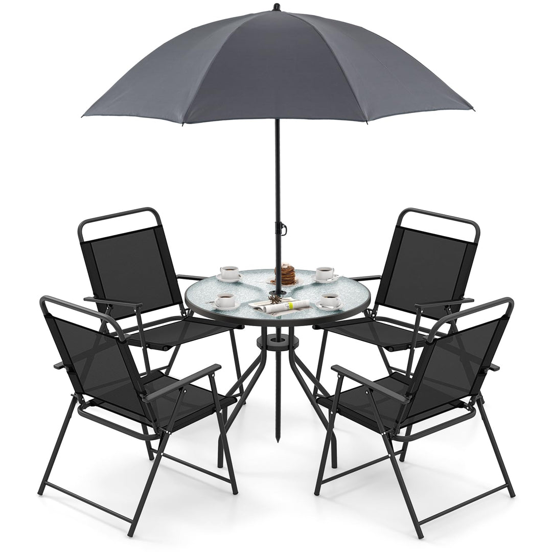 4 seat patio set with umbrella Giantex 6 Pieces Patio Dining Set, Folding Patio Chairs Set of 4, Tempered Glass Umbrella Table with Hole Black