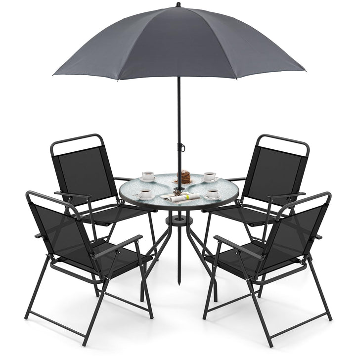 Giantex 6 Pieces Patio Dining Set, Folding Patio Chairs Set of 4, Tempered Glass Umbrella Table with Hole Black