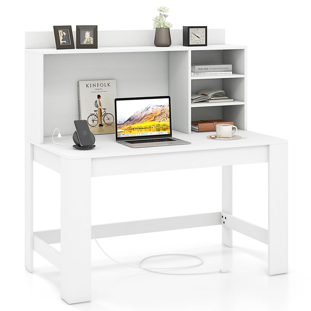 Giantex Computer Desk with Hutch, Modern Home Office Desk with Power Outlets, Storage Shelves & Cable Hole