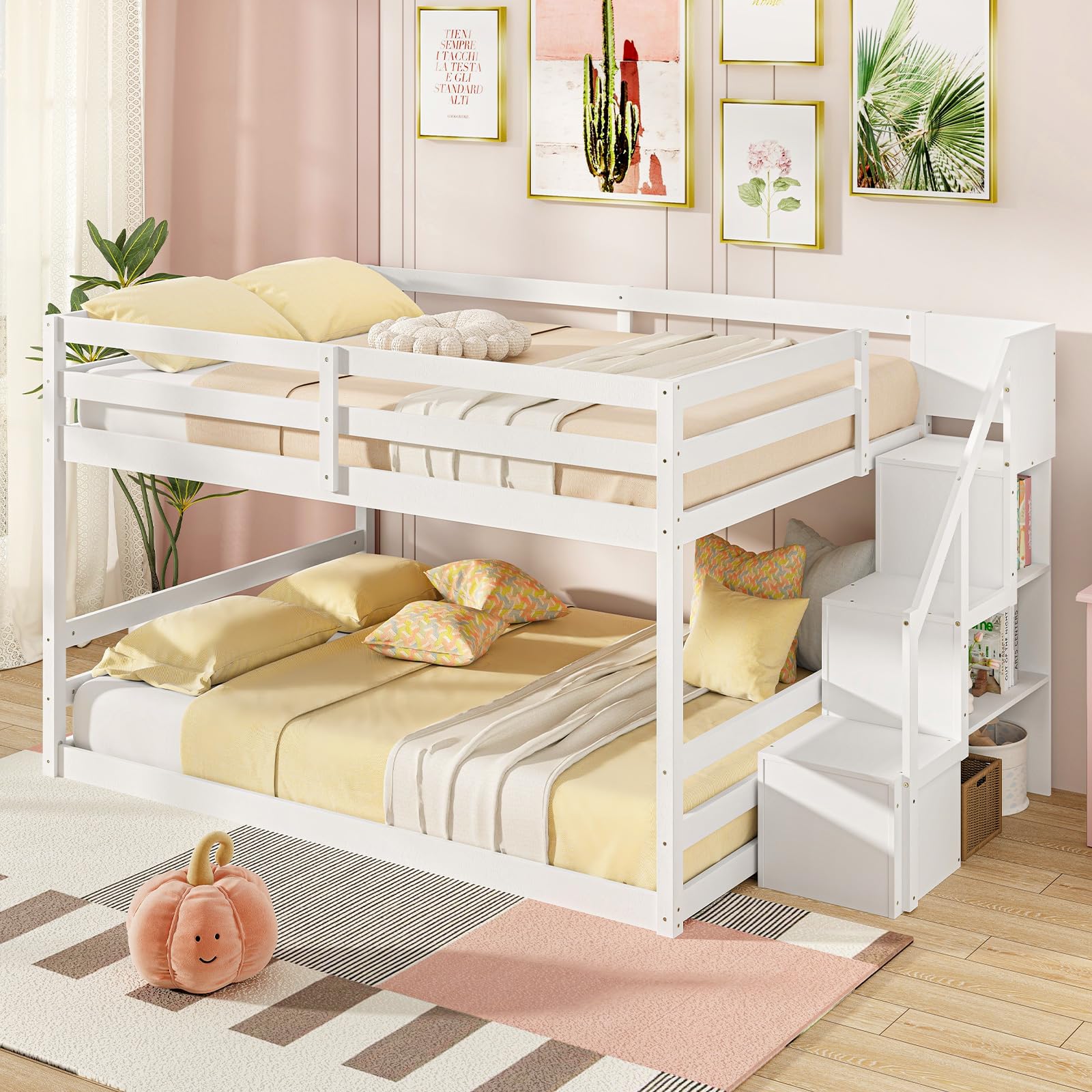 Giantex Bunk Bed with Stairs, Solid Wood Floor Bunk Bed with Storage Staircase & Full-Length Guardrails