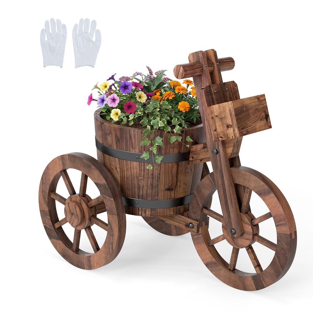 Giantex Wooden Wagon Planter with Wheels for Patio Backyard Balcony