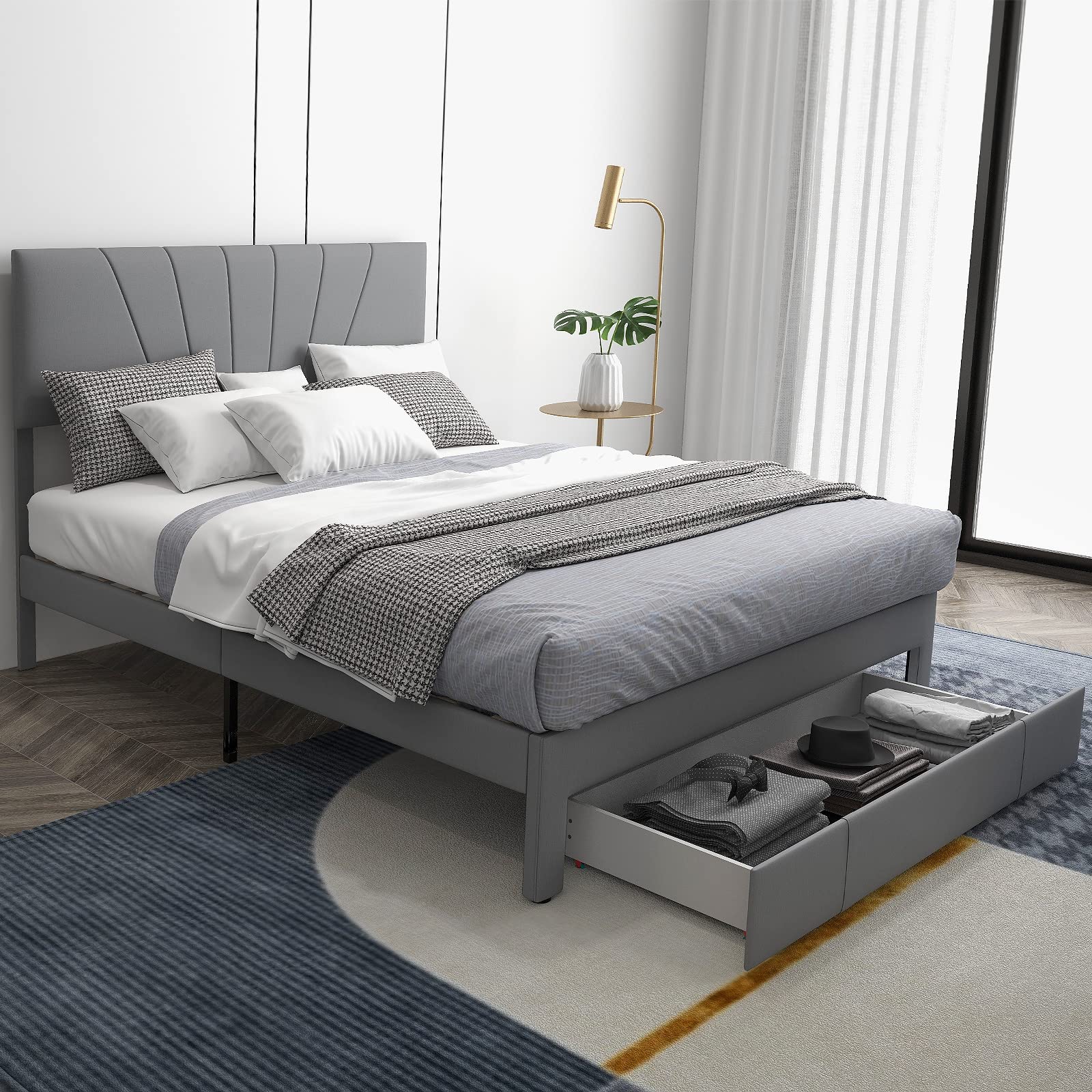 Giantex Upholstered Queen Bed Frame with Drawer, Modern Platform Bed with Storage & Adjustable Headboard