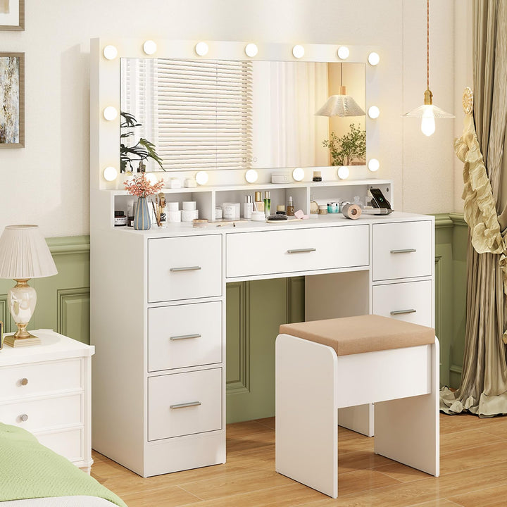 Vanity Desk with Large Mirror and Lights, 46.5" Makeup Vanity Desk with 7 Drawers