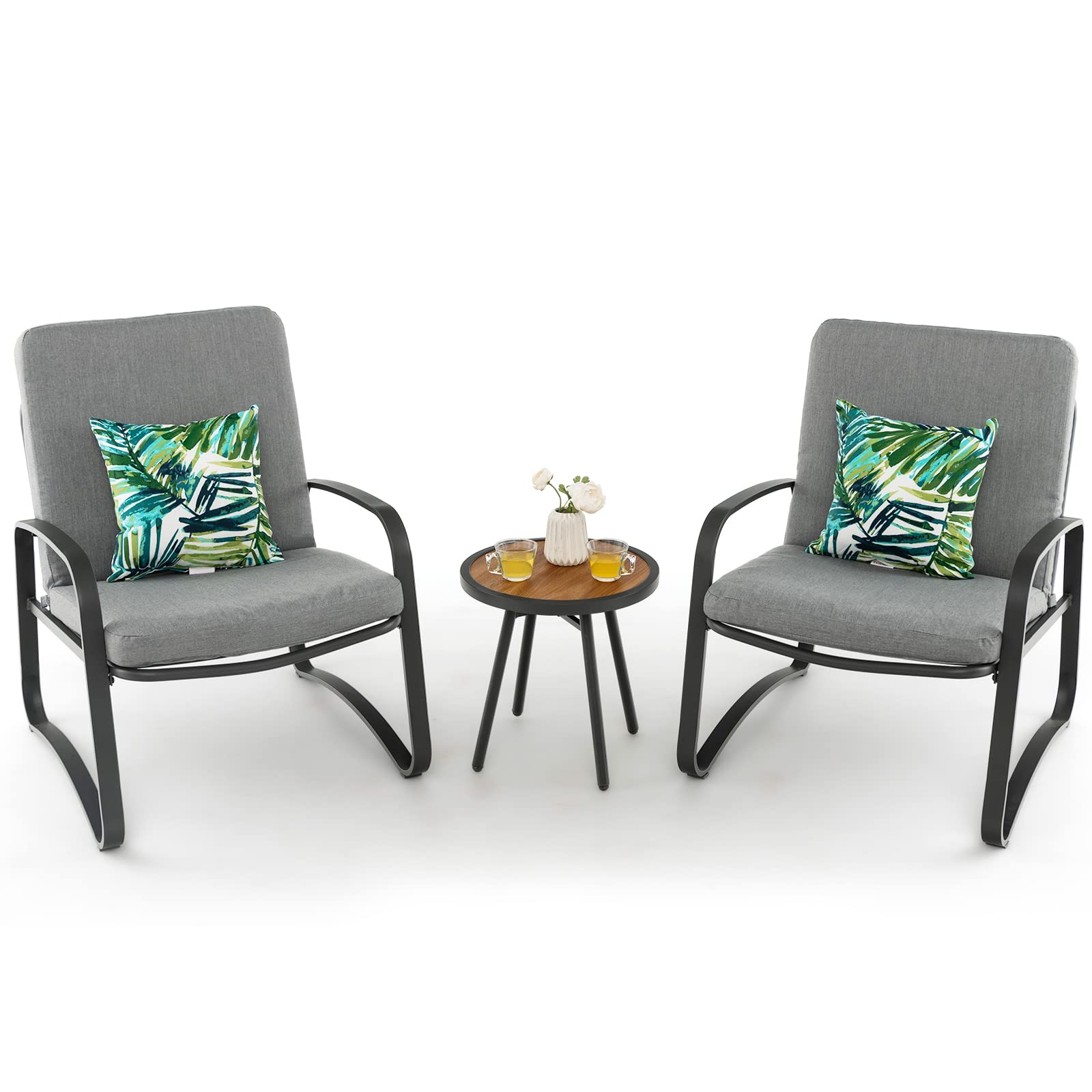 Giantex 3 Pcs Patio Bistro Set, Set of 2 Porch Chairs with Cushion & Lumbar Pillow (Gray)