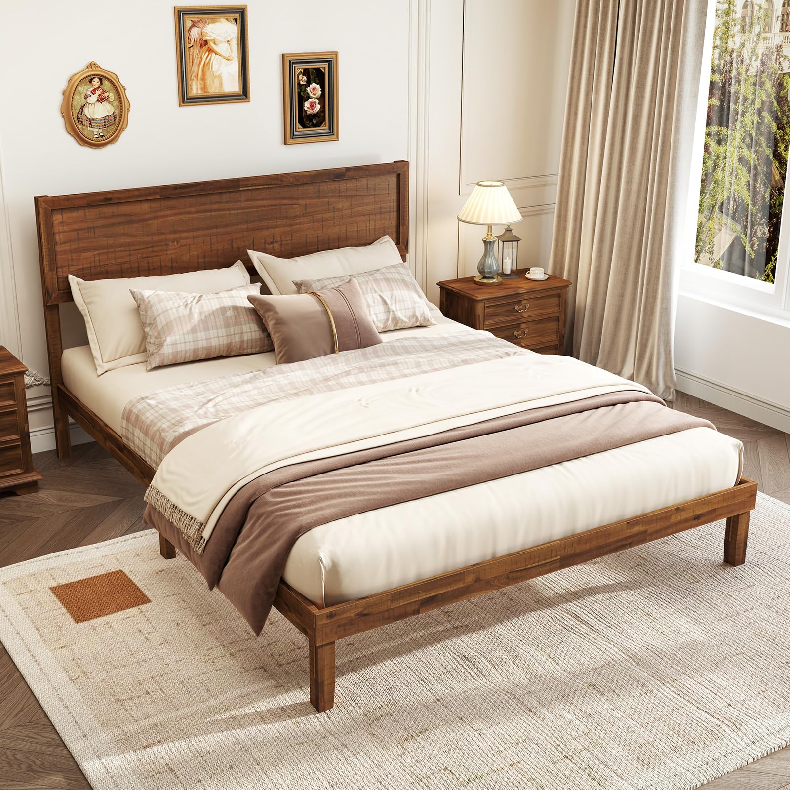 Giantex Wood Bed Frames with Headboard, Mid Century Modern Platform Bed