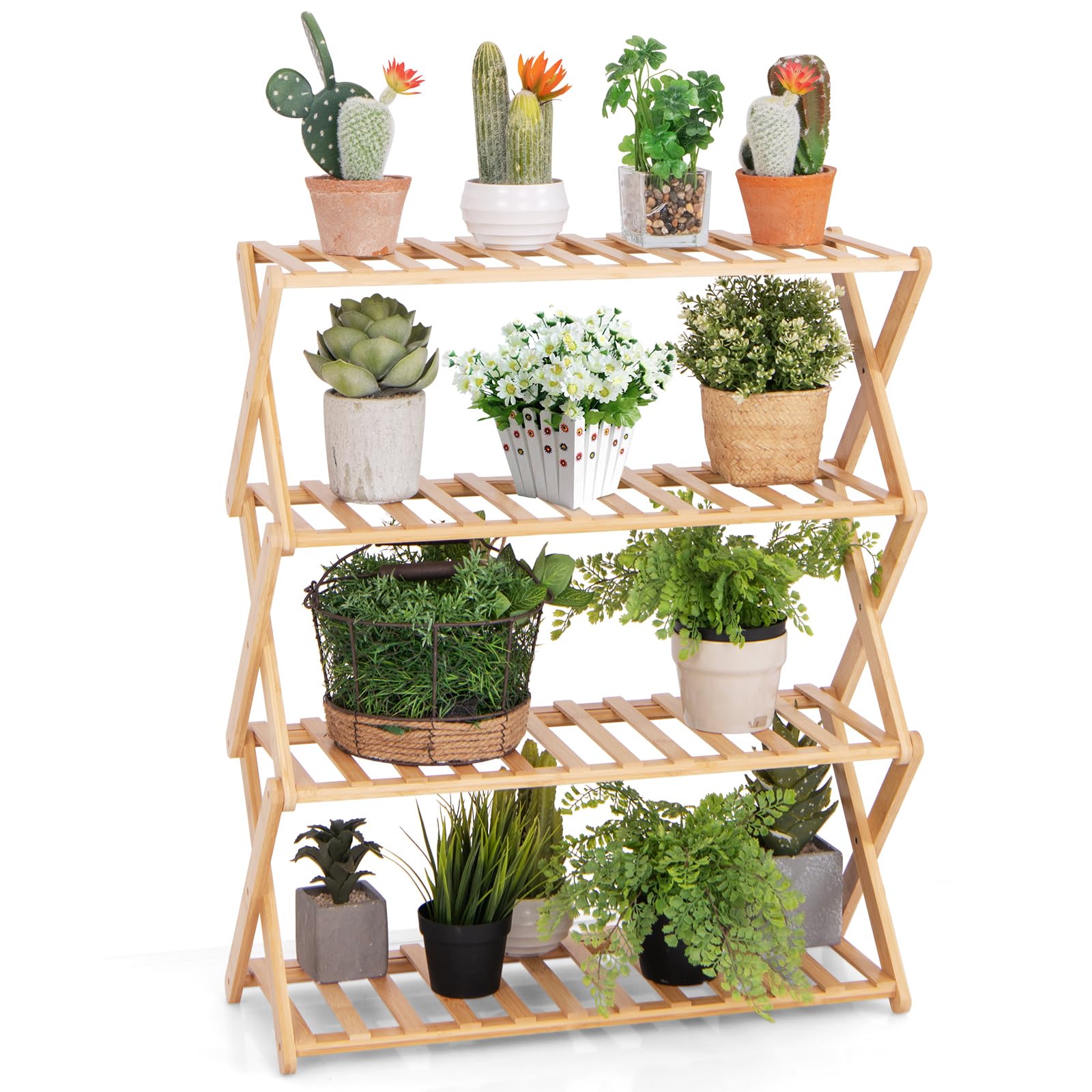shoe rack plant holder Giantex Bamboo Plant Stand Indoor, 4-Tier Folding Planter Shelf, Foldable Display Rack w/ Slatted Shelves, No Assembly
