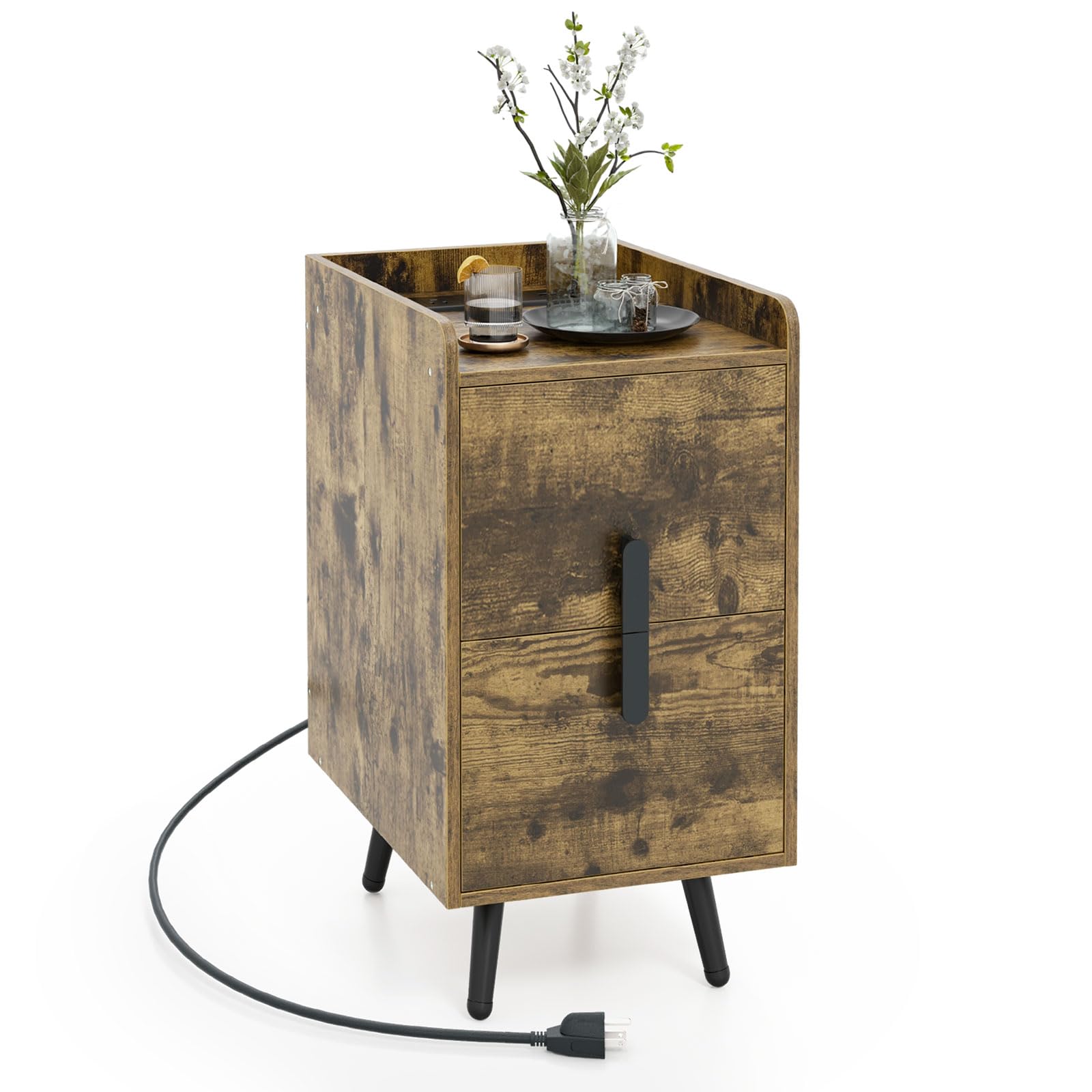 Giantex Nightstand with Charging Station, Narrow End Table with 2 Drawers & Metal Gold Legs