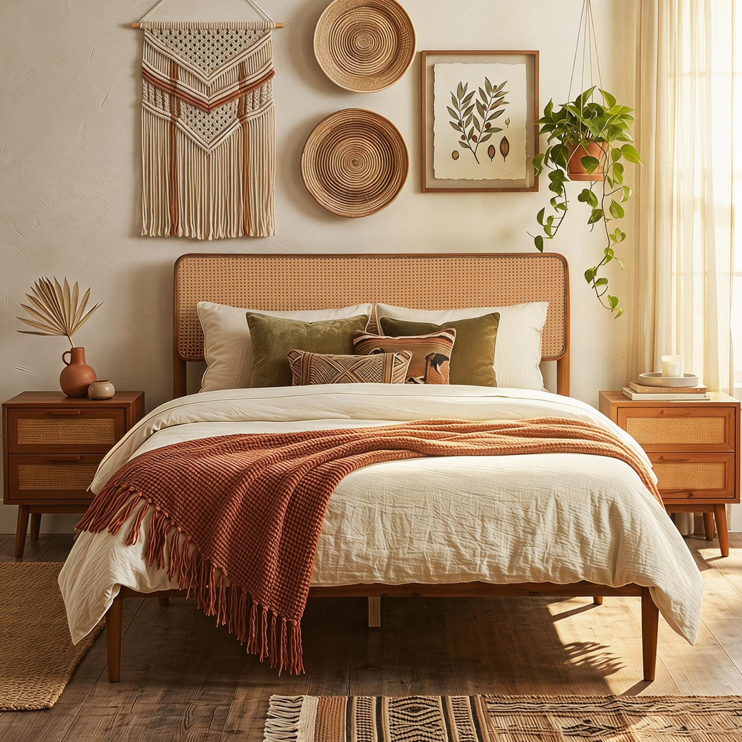 Giantex Wooden Bed Frame Full/Twin/Queen Size with Rattan Headboard