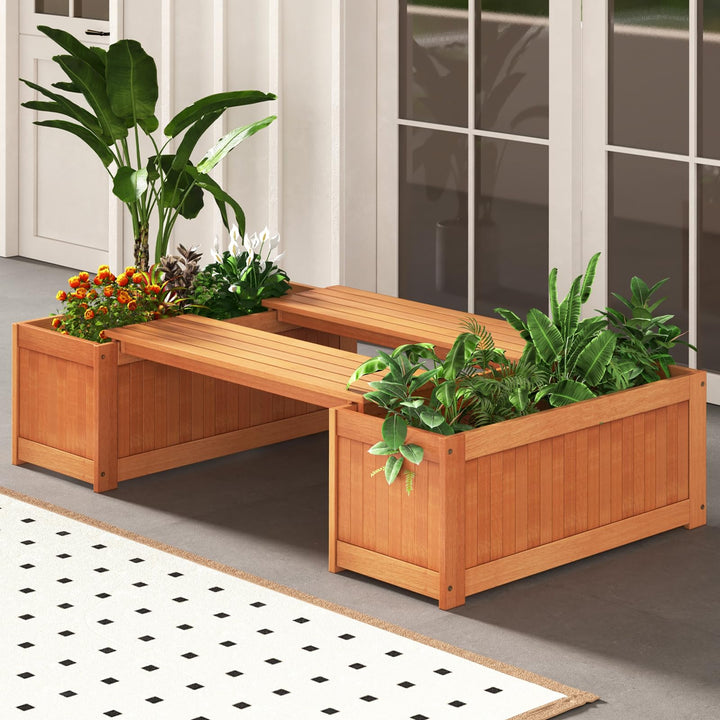 Giantex 2-in-1 Outdoor Bench, Wood Raised Garden Bed with Open Base, Teak Oil Finish