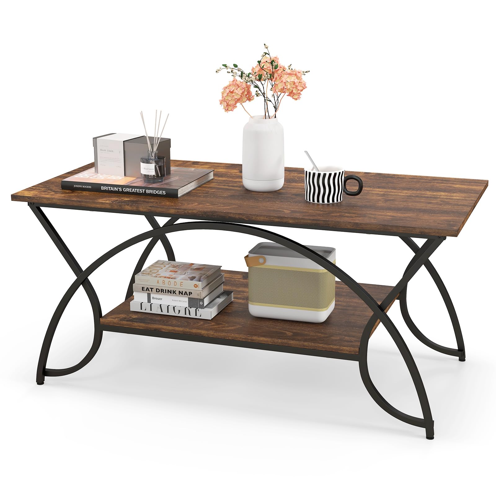 Giantex 2-Tier Rectangular Coffee Table, Modern Chic Cocktail Table with Open Storage Shelf, White/Gold