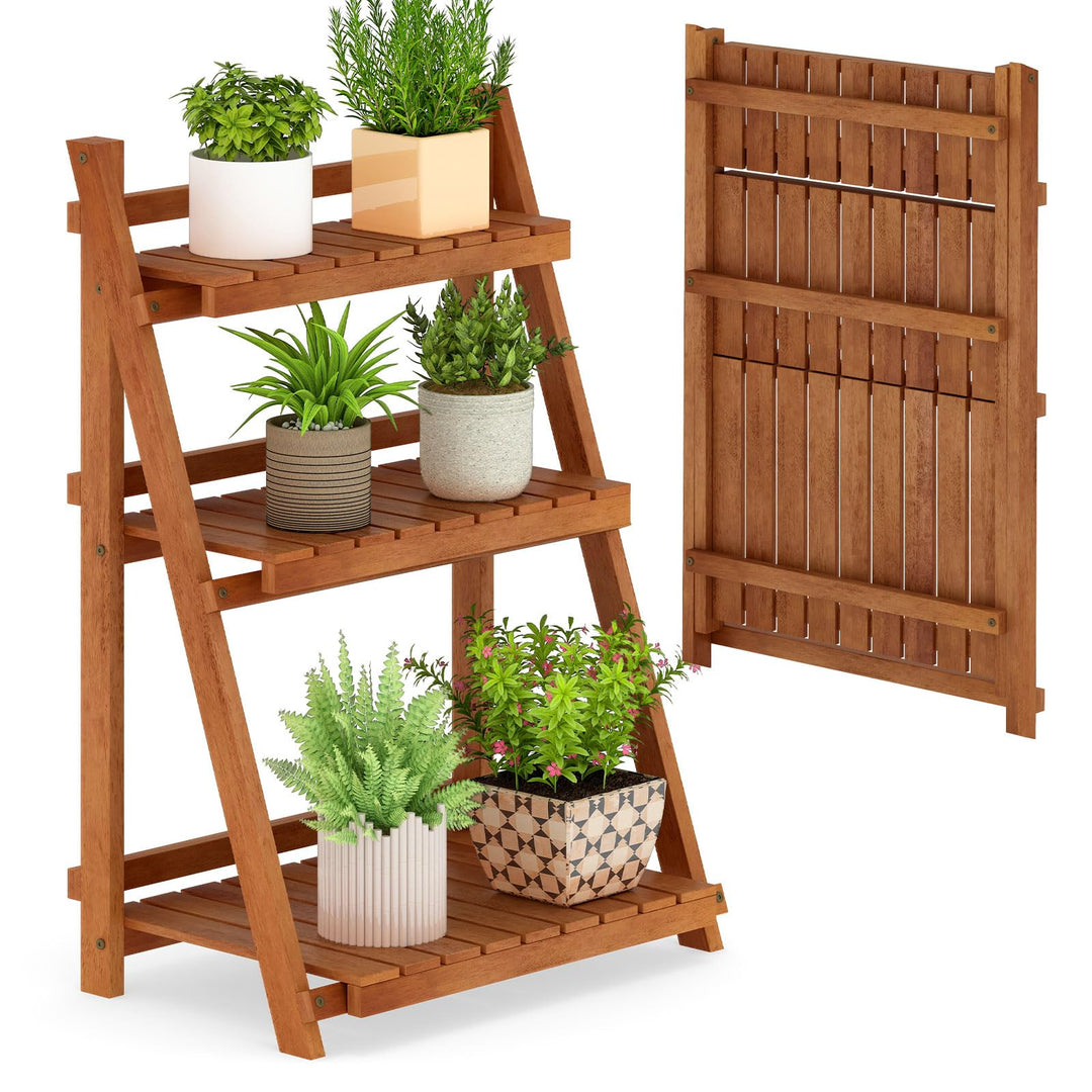 Giantex Foldable Ladder Plant Shelf 3-Tier Solid Wood Indoor Outdoor Flower Pot Display Rack